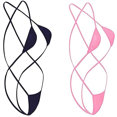 HNJZX Micro Mini Damen Bikini Set BH Bra String-Tanga Set Sexy Mini Bikini Badeanzug Bademode - Dunkelblau + Rosa - Nylon