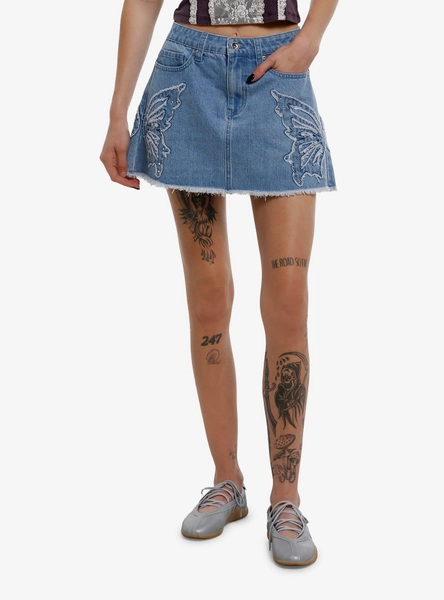 Cosmic Aura Butterfly Rhinestone Denim Mini Skirt - M