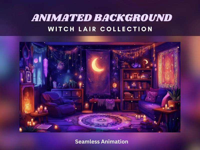 Vtuber animated background witch lair stream purple witch room overlay