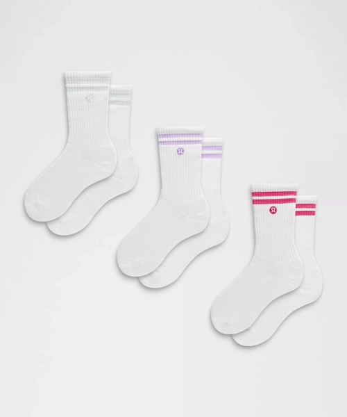 Unisex Daily Essential Crew Socks 3 Pack *Stripe - White/Ocean Air/White/Raspberry Coulis/White/Lavender Frost - S
