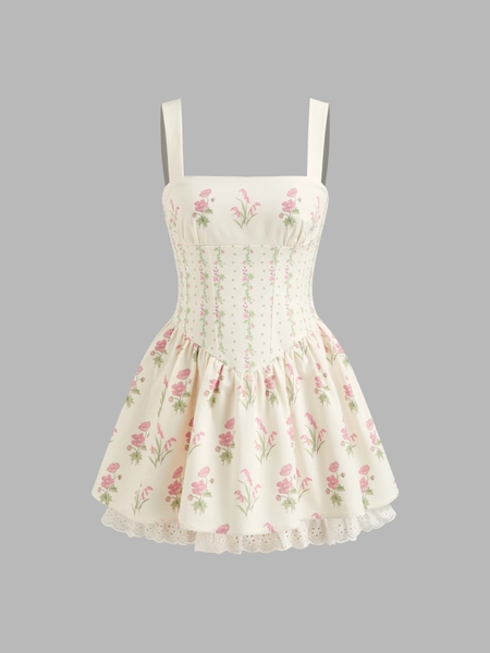 Linen-blend Floral Broderie Anglaise Trim Layered Lace Up Mini Dress