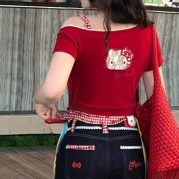 1pc Shorts (Free Belt) Sanrio Hello Kitty Embroidered Checkered Patchwork Slim Fit Jeans 2025 New Summer Spice s Slim Fit Shorts