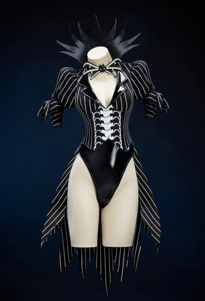 Sweet Nightmare Halloween Sexy Bunny Girl Suit Black White Striped Irregular Bodysuit with Sleeves and Socks