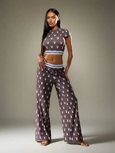 Missguided x Playboy Bunny Two Piece Lounge Set High Waist Flared Pants Crop Top Pajama Sleepwear Comfort Casual Leisure Wear Fall Winter Loungewear