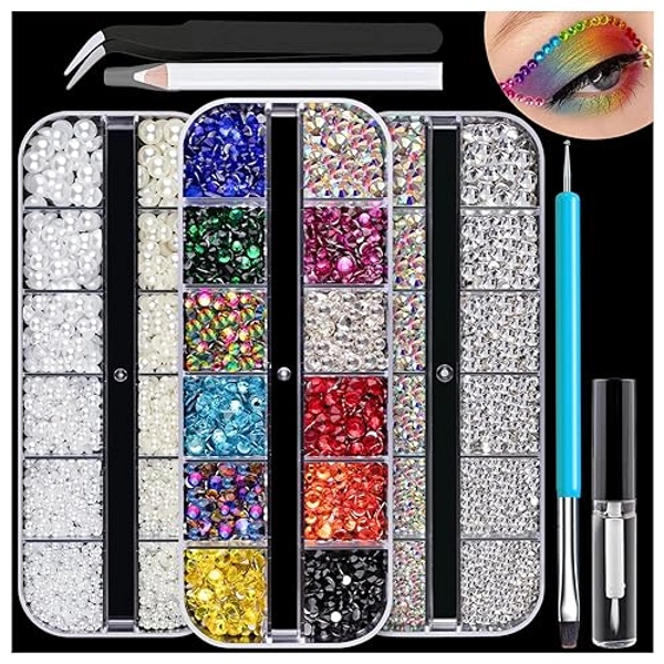 3600pcs Face Gems Eyes Jewels with Glue, Round Glass Crystal AB & Clear & Mixed Color Iridescent Chameleon Rhinestones, Half Round White & Beige Pearls with Dotting Tools, for Body Make-up, Nail Art