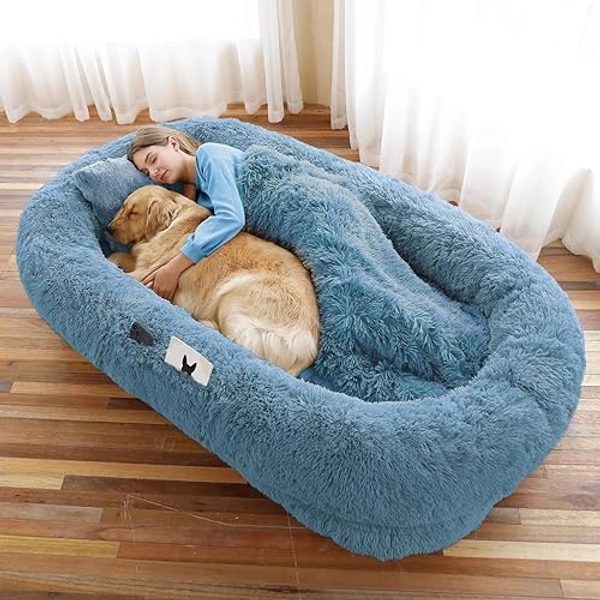 Human Dog Bed, 71''x45''x12'' Size Fits You and Pets, Washable Faux Fur Dog Bed for People Doze Off, Napping Orthopedic Dog Bed, Present Plump Pillow, Blanket, Strap - Navy