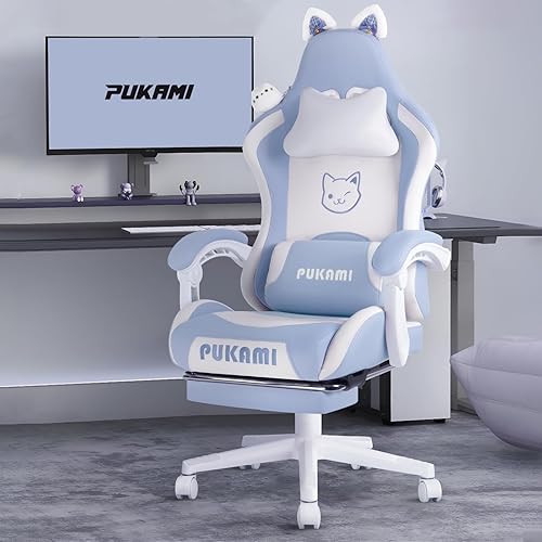 PUKAMI Gaming Chair Cute with Cat Ears,Ergonomic Computer Chair for Girl with Footrest and Headrest,Comfortable Reclining PC Game Chair for Adult,Teen (Blue) - Blue