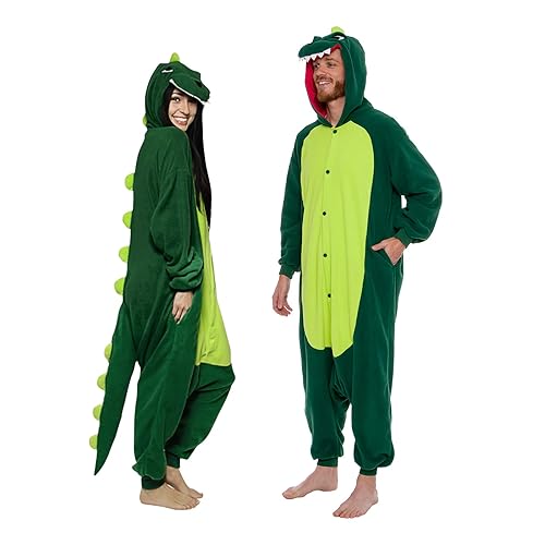 Funziez! Dinosaur Adult Onesie - T-Rex Halloween Costume - Plush Dino One Piece Cosplay Suit for Adults, Women and Men - Green - X-Large
