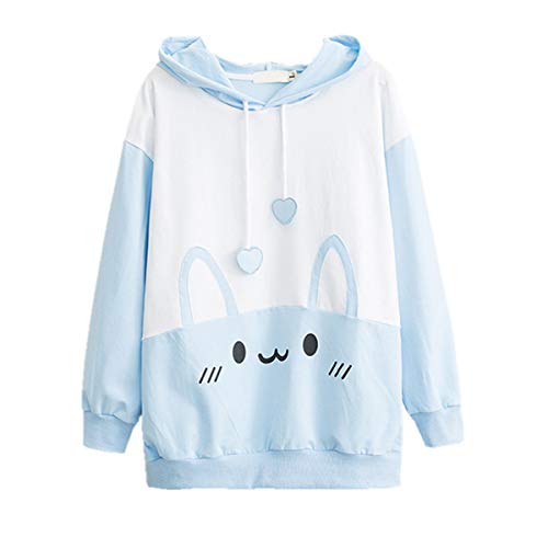 Packitcute Bunny Hoodie Kawaii Print Loose Casual Pullover Hoodie Tops - Large - Blue