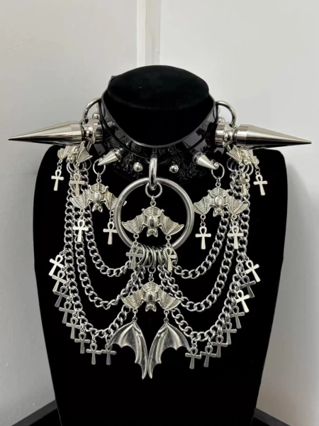 Spiked Bat Pendant Choker: Punk Gothic Studded Patent Leather Collar