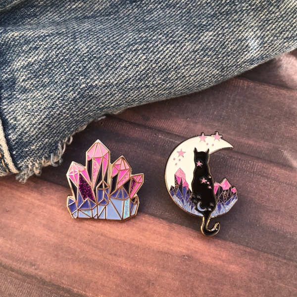 Omnisexual Pride Flag Crystal and Cat Glitter Enamel Pin Set of Two (or individual) | Lapel Pin, Badge | LGBTQ+ | Omni Pin