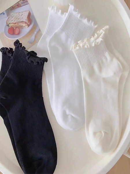 ROMWE 3 Pares Mulheres Sólido Franzido Meias De Tripulação