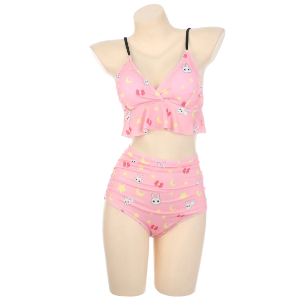Miccostumes Swimsuits for Women Moon Rabbit Pattern Bikini Swimwear with Ruffle Hem Halter Top and Bottoms Bikini Sets