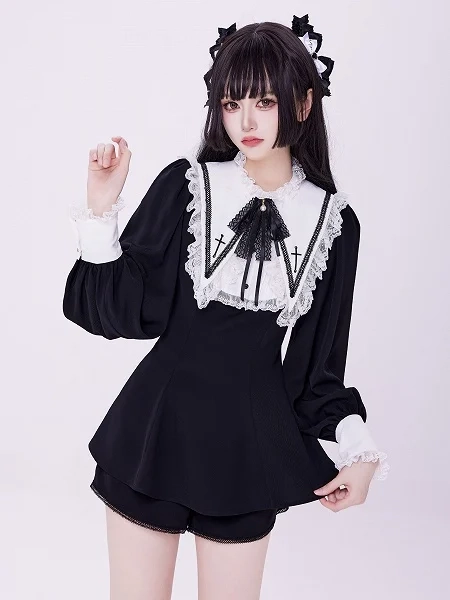 Black and White Jirai Kei Long Sleeves Slimming Top with Separate Sharp Collar