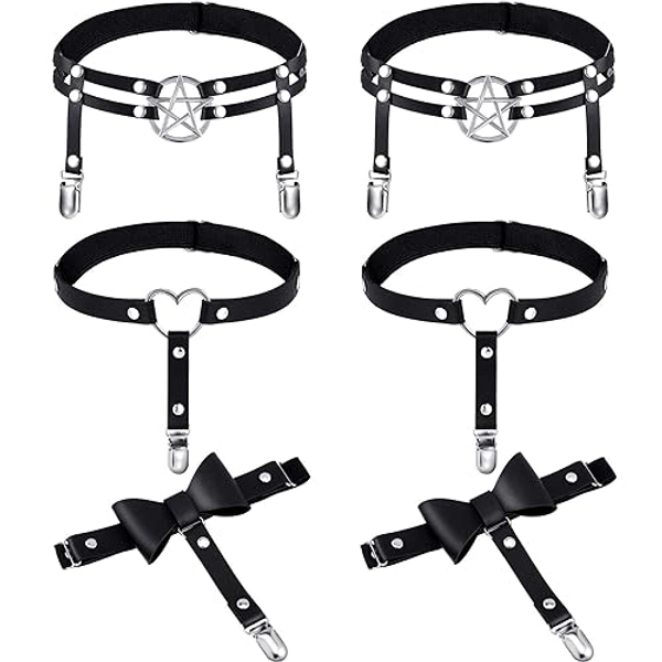 Syhood 6 Pieces Thigh High Garter Belt Heart Star Shaped Butterfly Knot Punk Leg Garter with Anti Slip Clips Elastic Punk Gothic Adjustable Thigh Ring Garter for Women