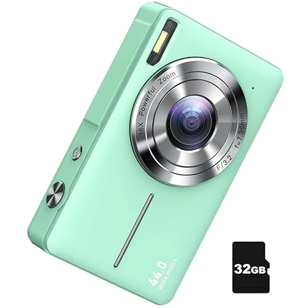 CAMKORY FHD 1080P Digital Cameras for Kids Boys Girls Compact Digital Point and Shoot Camera with 16X Zoom 32GB Card Small Kids Camera, Green
