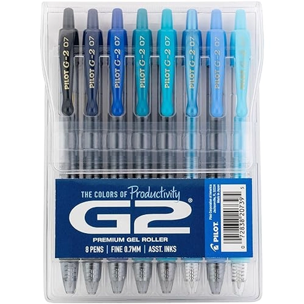 PILOT, G2 Premium Gel Roller Pens, G2 Boost Blues Pack, The Colors of Productivity, 8 Pack Pouch, Fine Point 0.7 mm, Assorted