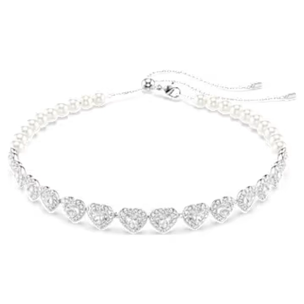 Ariana Grande x Swarovski choker, Mixed cuts, Crystal pearl, Heart, White, Rhodium plated