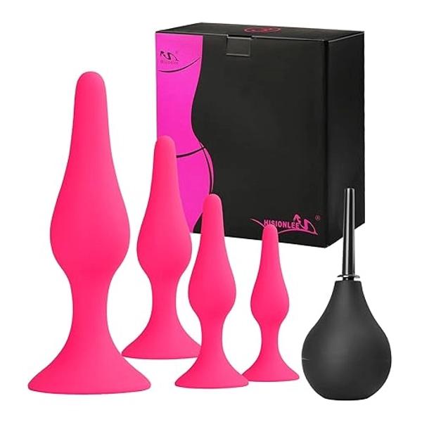 Anal Plug Sex Toys,HISIONLEE 5PCS Sex Anal Toys Silicone Butt Plug Training Kit for Adult Sex Toys & Games Women Male and Beginners (Rose Red)