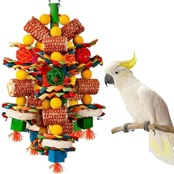 Bird Toys, Parrot Toys for Large Birds,Natural Corn cob and Loofah Slices Bird chew Toys for African Grey Parrots, Macaws, Cockatoos, Amazon Parrot and other Small and Medium-Sized Parrot (Wooden)