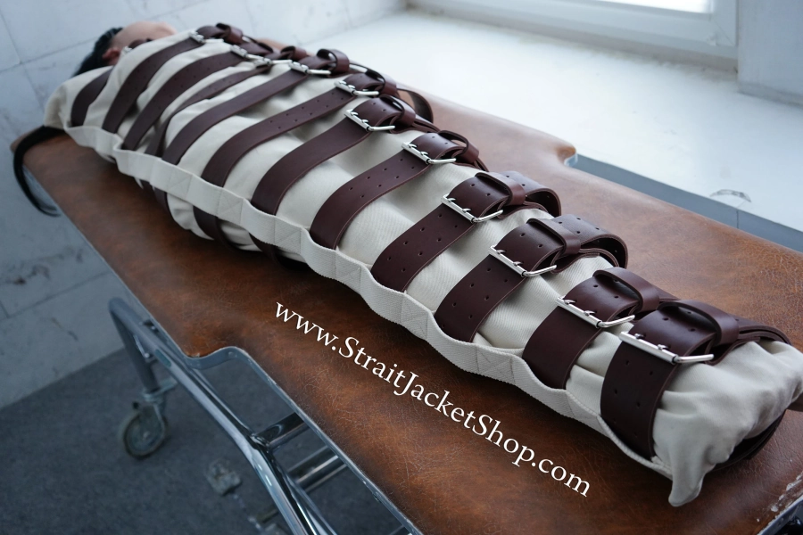Sleep Sack Bondage Body Bag with Leather Belts / White Brown
