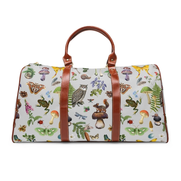 WHIMSICAL FOREST Carry On Waterproof Travel Bag, WOODLAND Animals Birds & Plants Weekender Overnight Duffle Bag, Owl Squirrel Mushrooms Bag