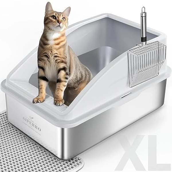 AIPERRO Enclosed Cat Litter Box Stainless Steel with Lid | XL Extra Large Litter Box for Big Cats | Metal Litter Box High Sided | Anti-Urine Leakage, Include Cat Mat and All-Metal Litter Scoop
