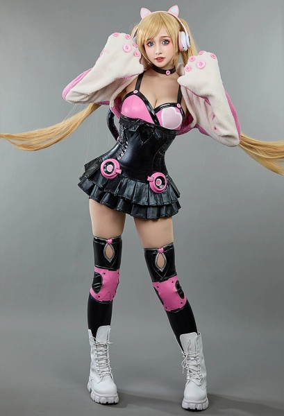 Tekken 7 Lucky Chloe Cosplay Costume Dress and Fluffy Short Coat with Tail and Thigh-High Stockings