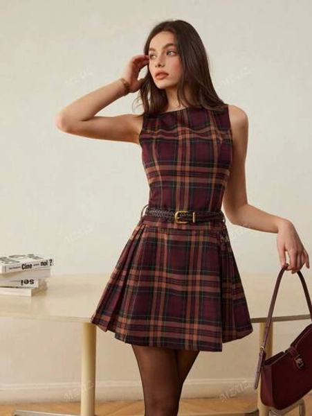 Elegante geruite geplooide mouwloze jurk voor dames, geschikt voor woon-werkverkeer, geen riem