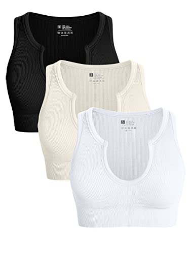 OQQ Women's 3 Piece Medium Support Crop Top Seamless Ribbed Removable Cups Workout Yoga Sport Bra - Black Beige White - Small