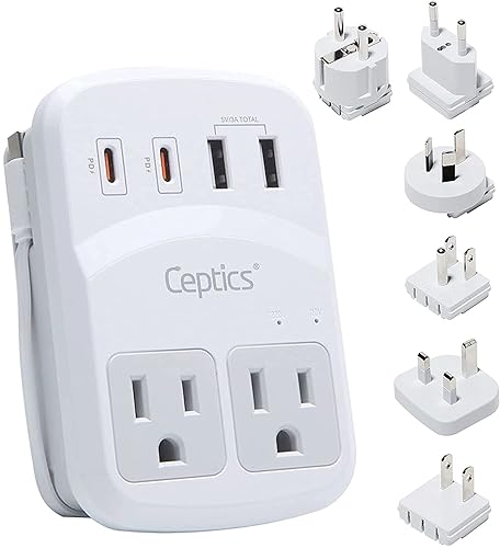 Ceptics World Travel Adapter Kit 2 USB-A, USB-C US Outlets, 20W/QC 18W Power Delivery, Surge Protection, SWADAPT Compatible for Europe, UK, China, Australia, Japan Perfect Laptop (WPS-5B) - Set - International Adapter Kit with USB-C