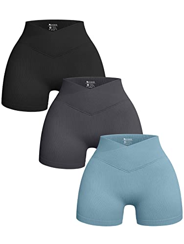 OQQ Women's 3 Piece Yoga Shorts Ribbed Seamless Workout High Waist Cross Over Athletic Leggings - Small - Black Grey Blue