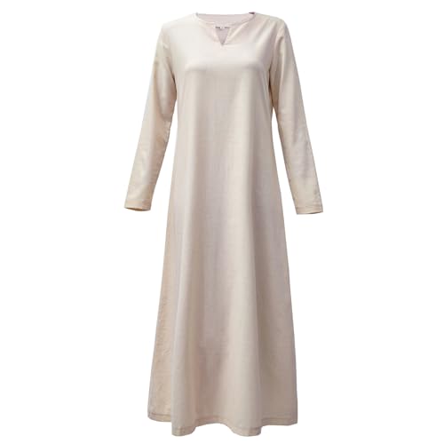 KUOIN Medieval Womens Linen Dress Chemise Renaissance Cosplay Maxi Ren Faire Costume - X-Large - Ivory