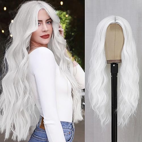 YBYMCAI White Wig - Long White Wavy Wigs for Women Middle Part Cosplay Wigs 26 inch Natural Curly Synthetic Wig Heat Resistant Fiber Wigs for Daily Party Use - White