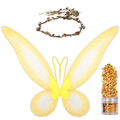 Funcredible Fairy Wings, Flower Crown and Glitter - Fairy Costume Accessories - Fairy Outfits for Women and Girls - Gold