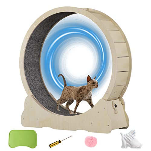 Cat Wheel Exerciser for Indoor Cats with Lock Pin. Large Diameter Cat Exercise Wheel Made of Natural Solid Wood. Inside Diameter 40in/100cm. Including Installation Tools and Cat Toy. (Natural) - Natural