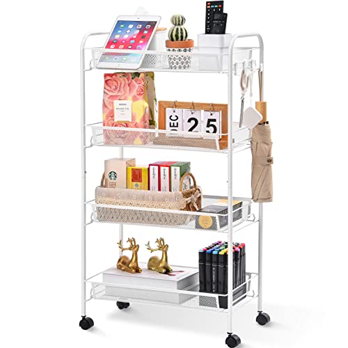 TOOLF 4-Tier Rolling Cart, Metal Utility Cart with 3 Hooks, Easy Assemble Mobile Storage Trolley On Wheels, Slide Out Shelving Units Kitchen Bathroom Laundry Room - White - 4-Tier