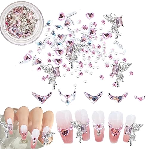 Sylphicore Rhinestones Mixed Nail Kit Star Heart 4D Gems Pearl Butterfly Diamond Design Sparkle Aurora Art Accessories DIY Fingernails Toenails Micro Glitter Crystals Charms Jewelry Set - Pink