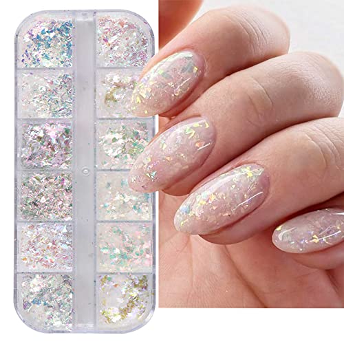 Holographic Nail Art Glitter Iridescent Flakes 12 Grids Mermaid Bright Colorful Star Gradient Ice Slag Nail Sequins Paillettes Summer Nail Art Decoration