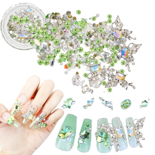 Sylphicore Nail Decorations 3D Rhinestones Set Art Glitter Gems Accessories DIY Crystal Manicure Fingernails Charms Design Heart Jewelry Decorations for Women - green