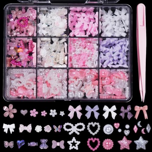 3D Pink White Assorted Bows Flowers Pearls Nail Charms Heart Butterfly Blossom Bowknots Acrylic Nail Charms Star Bows Pearls Nail Charms for Manicure DIY Crafts Jewel Accessories