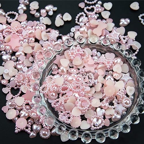 500Pcs Pink Pearls Heart Nail Charms Mixed Styles Flatback Heart Bowknots Star Sunflower Assorted Cute Pink Pearls Heart 3D Nail Art Charms for Nail Art DIY Crafts Accessories - S3-Pink