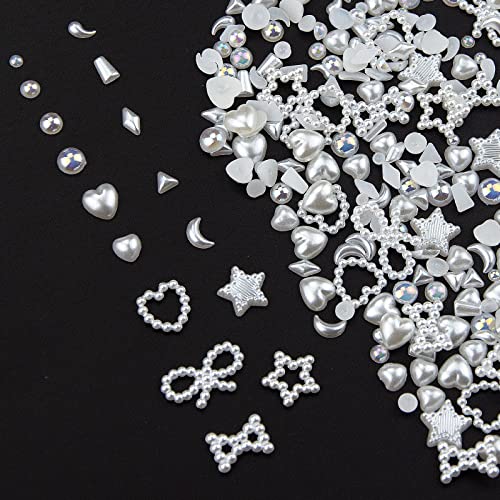600Pcs 3D White Pearls Nail Charms Multi Shapes Heart Star Bowknot Round Pearls Nail Beads Charms Acrylic ABS Hollow Pearls Heart Nail Charms for Manicure DIY Crafts Jewelry Accessories - S3-white