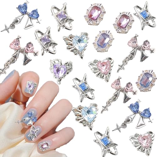 Sylphicore 15PCS Rhinestones Nail Charms Decorations Star Bowknot Heart Alloy Gems Jewelry Sparkle Luxury Art DIY Manicure Decorations Zircon Pearlescent Accessories Manicure Charms