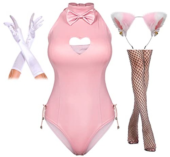Yuriko Womens Bunny Costume Girl Suit Button Crotch Romper Onesie Bodysuit Cosplay Costume Furry Cat Ear Gloves Socks set(Pink S) - Small - Pink