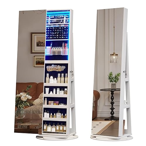 LVSOMT 360° Swivel Jewelry Mirror Cabinet with Lights, Standing Jewelry Armoire Organizer, 63" Rotatable Full-Length Mirror with Jewelry Storage, Lockable with Back Storage Shelve, White - A-White