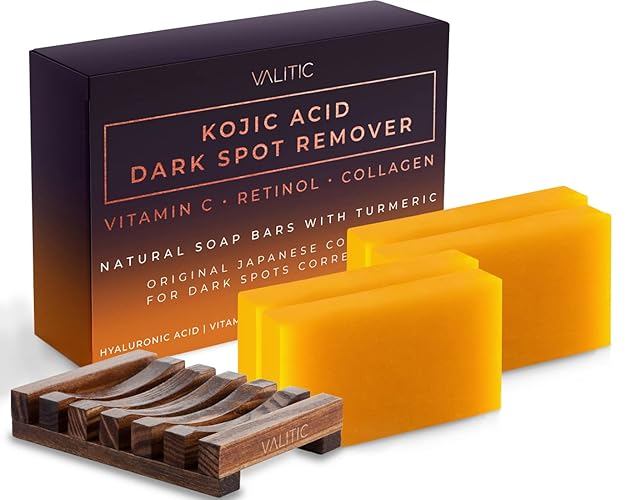Valitic Kojic Acid Dark Spot Remover Soap Bar with Vitamin C, Retinol, Collagen, Turmeric - Original Japanese Complex - Hyaluronic Acid, Vitamin E, Shea Butter, Castile Oil ( 4 Pack ) With Soap Holder - 4 Pack + Holder