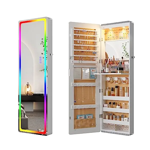 HNEBC LED Mirror Jewelry Cabinet with RGB Lights,47.2" Wall Mounted Jewelry Organizer with Full-Length Mirror,Over The Door Hanging Jewelry Armoire Storage Cabinet,Folding Dresser,2 Drawers,Lockable