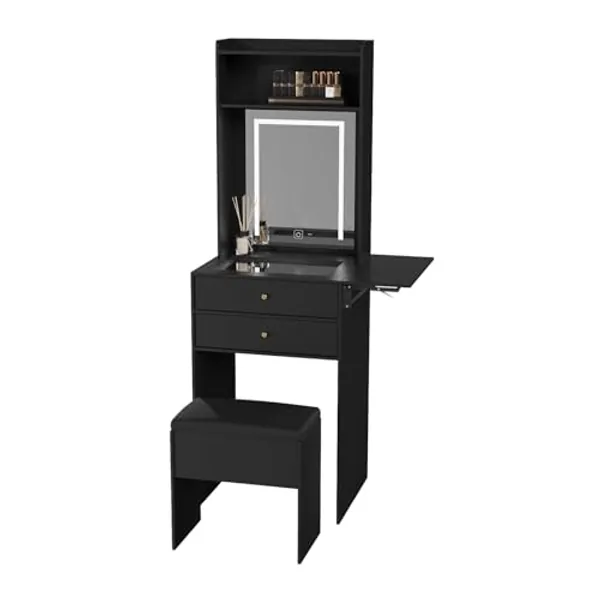 ARTETHYS Small Vanity Desk Set with 3 Adjustable Lighted Mirror and Storage Chair Small Black Vanity Table for Bedroom Compact Mini Makeup Vanity Dressing Table with Fold-up Panel for Small Space