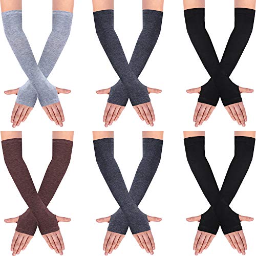 SATINIOR 6 Pairs Long Fingerless Gloves for Women Knit Thigh High Striped Arm Warmer Thumb Hole Stretchy Gloves - Assorted Color